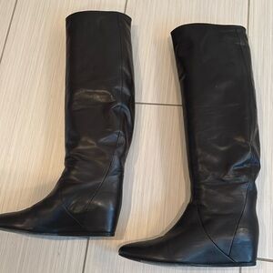 Lanvin low wedge black knee high leather boot